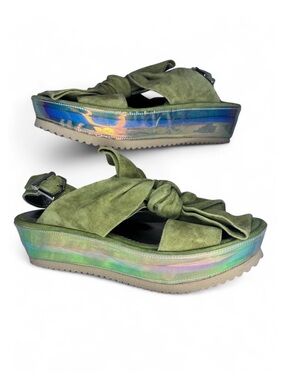 Papucei Iridescent Holographic Platform Slingback Sandals Olive Green Suede